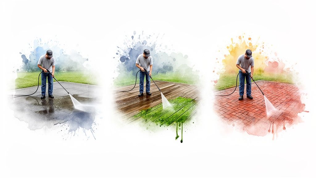 A person pressure washing a concrete driveway, wooden deck, and brick patio with colorful watercolor effects.