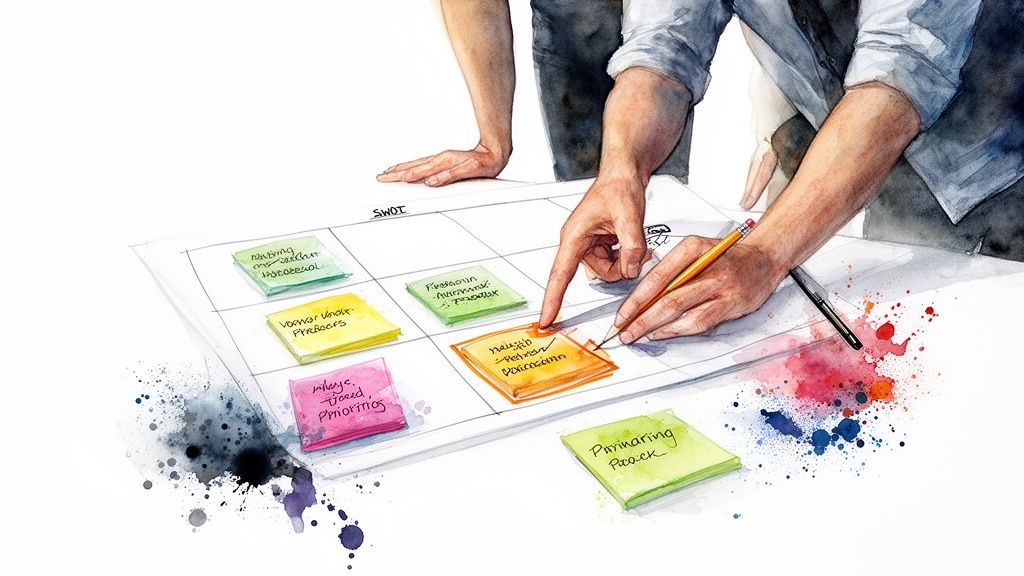 Two people collaborating on a SWOT analysis board using colorful sticky notes and a pencil.