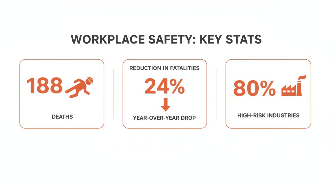 Workplace safety key statistics displaying 188 deaths, a 24% year-over-year fatality reduction, and 80% high-risk industries.