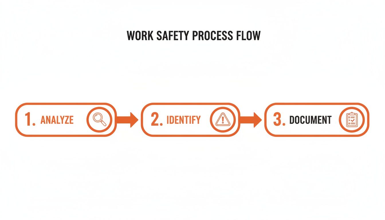 A three-step work safety process flow diagram showing analyze, identify, and document steps.
