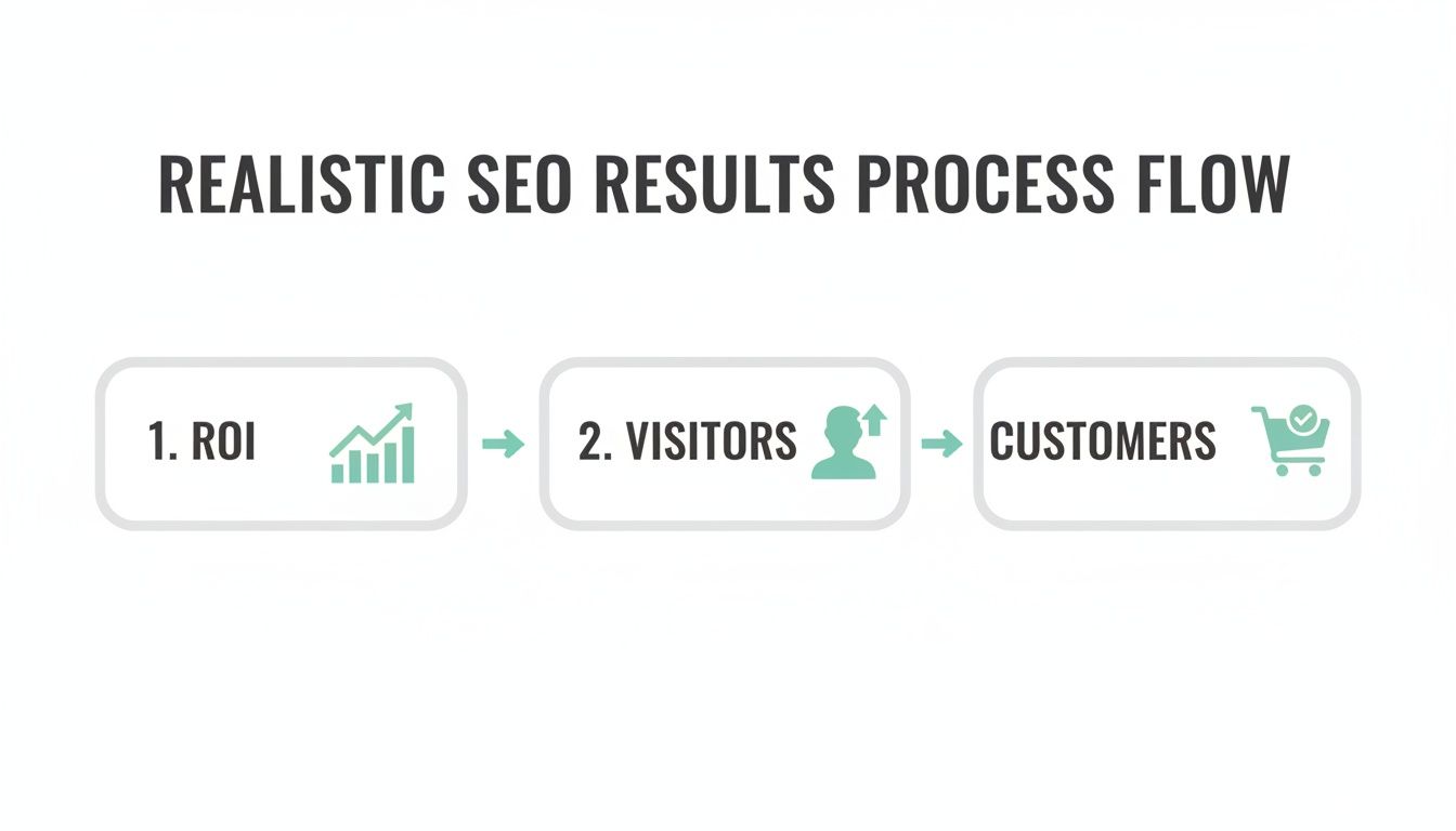 Infographic illustrating the realistic SEO results process flow from ROI, to visitors, then customers.