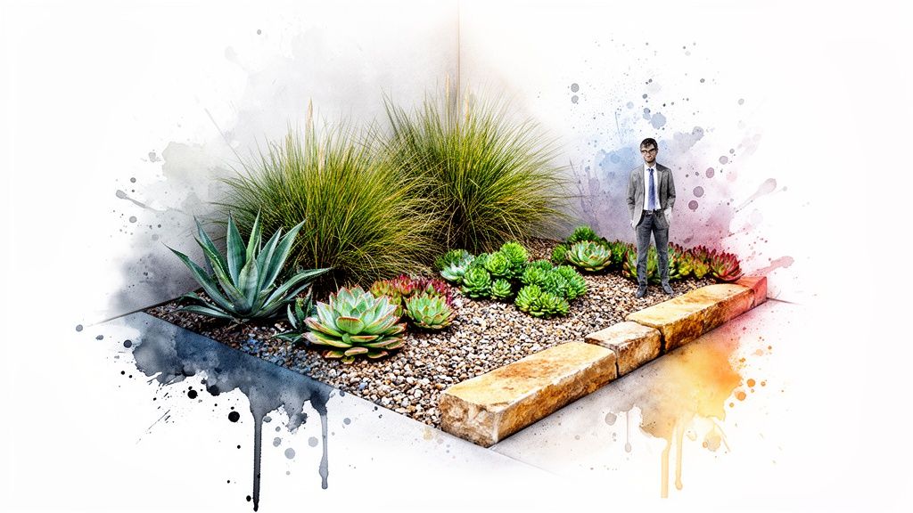 A stylish man in a suit stands by a modern drought-tolerant garden with succulents, grasses, and stone elements, rendered in a watercolor style.