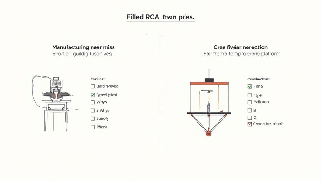A document displaying a filled Root Cause Analysis (RCA) with two sections detailing manufacturing near misses and potential constructions.