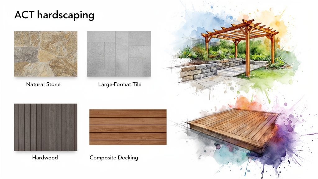 A display of hardscaping options including natural stone, large-format tile, hardwood, and composite decking.