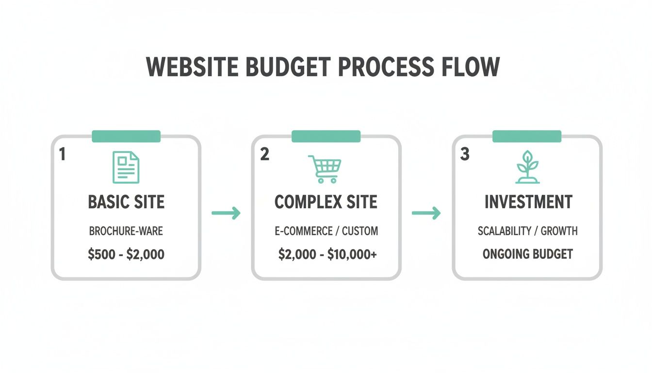 Flowchart illustrating website budget process from basic brochure site to complex e-commerce and ongoing investment.