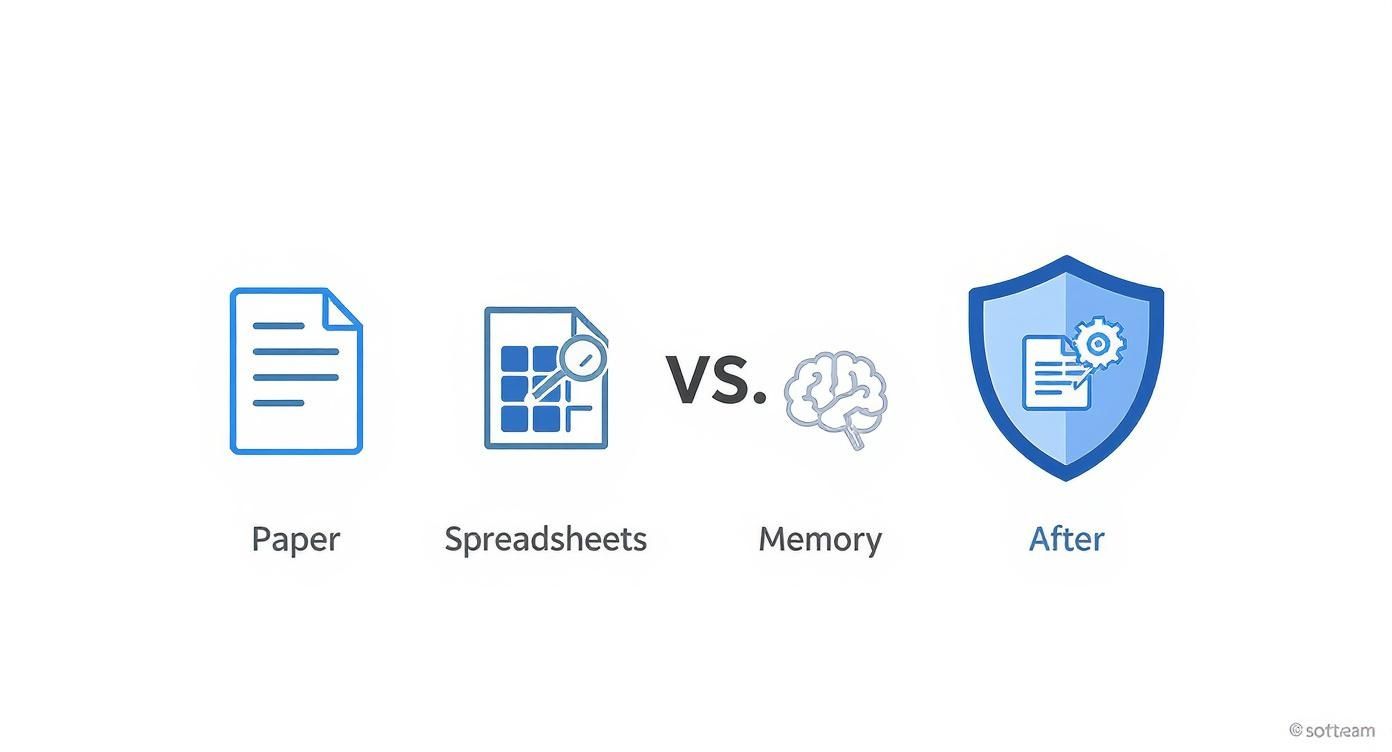 Icons comparing traditional methods (paper, spreadsheets, memory) versus a secure, automated digital solution.