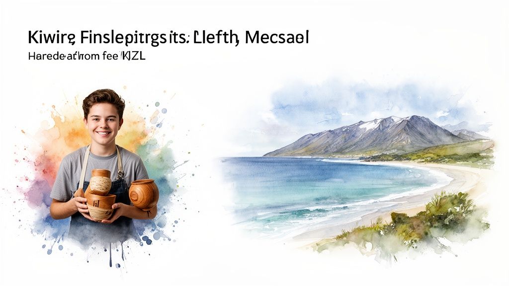 A smiling young man holds wooden craft bowls, set against a vibrant watercolor landscape of a beach and mountains.