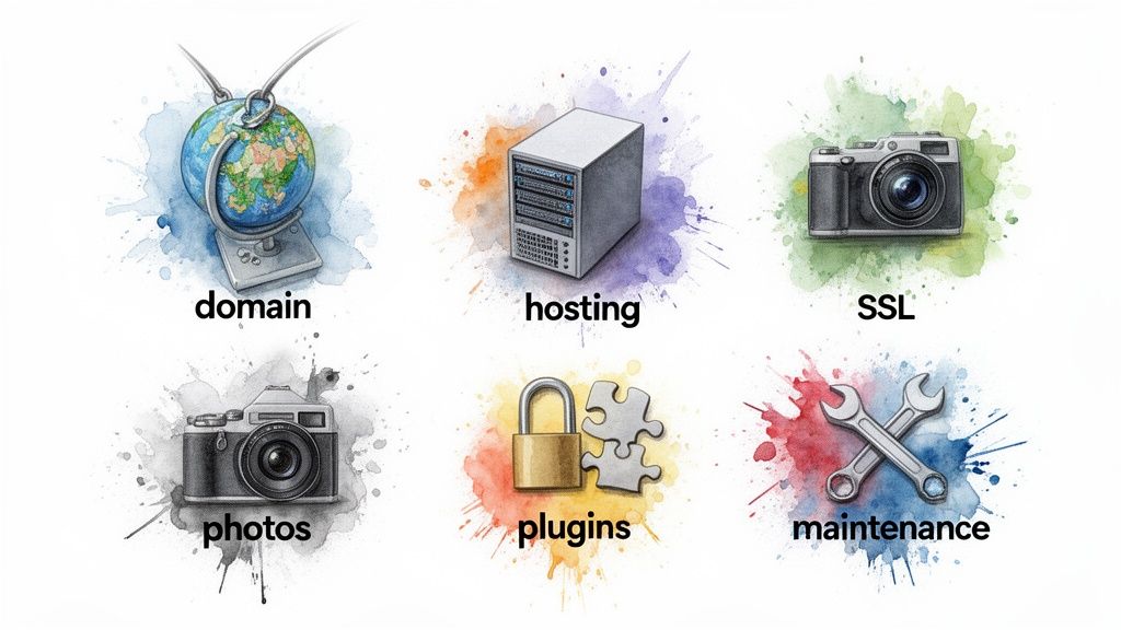Six watercolor icons illustrating essential website components: domain, hosting, SSL, photos, plugins, and maintenance.