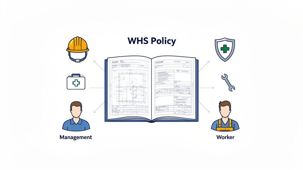 WHS Policy book illustration linking management, workers, safety gear, and health symbols.