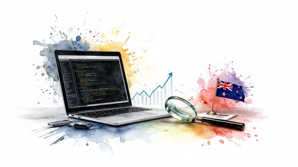 A laptop displaying code, a magnifying glass, a rising graph, and an Australian flag on a watercolor-splashed background, symbolizing tech analysis and growth.