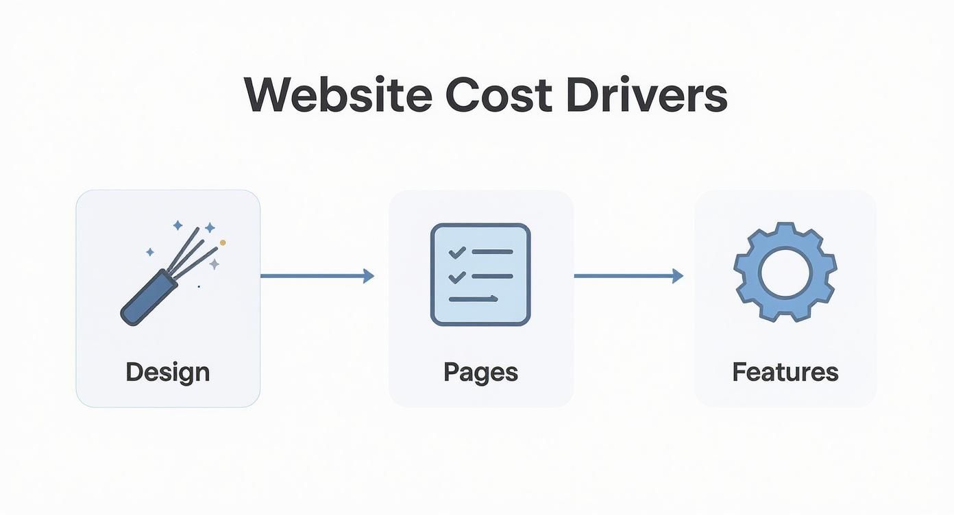 Website cost drivers diagram showing design, pages, and features as primary factors affecting pricing