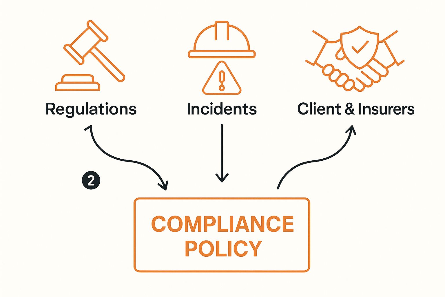 Infographic showing how regulations, incidents, and client/insurer demands create compliance policies.
