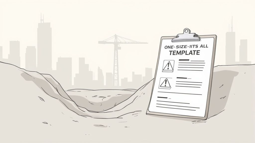 A construction worker in high-visibility clothing reviews a safety plan on a tablet inside a manufacturing facility.