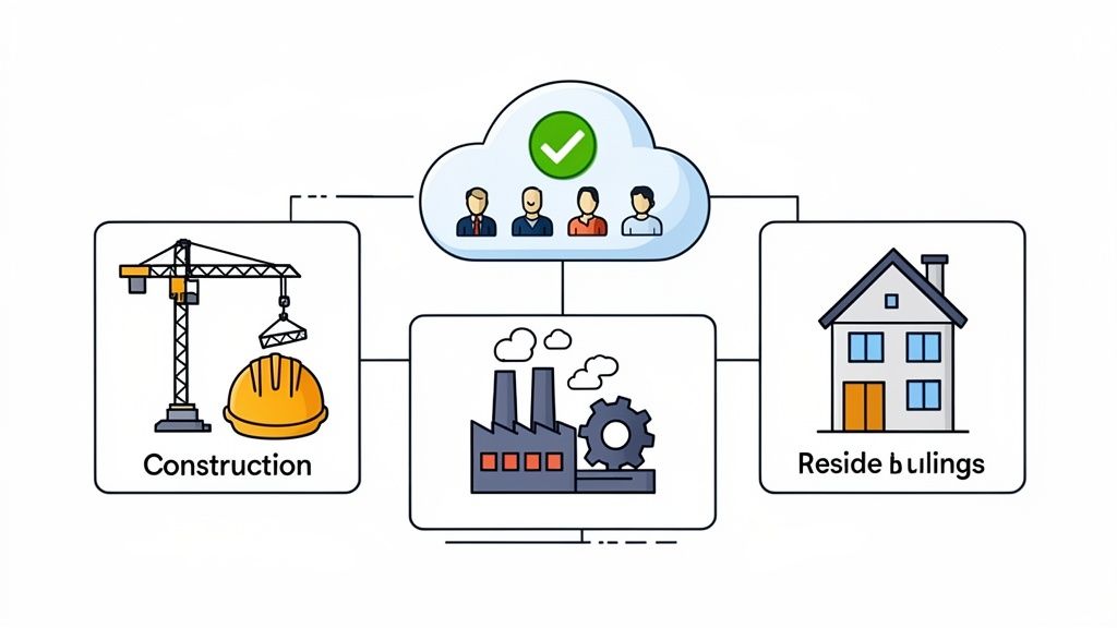 Diagram showing a cloud with people connected to construction, industrial, and residential sectors.