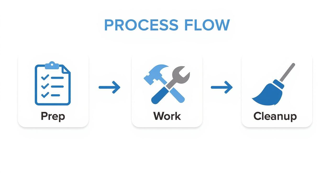 A process flow diagram illustrating three stages: preparation (checklist), work (tools), and cleanup (broom).