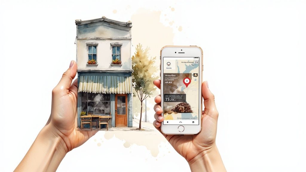 Hands holding miniature storefront building and smartphone displaying location-based business app with map