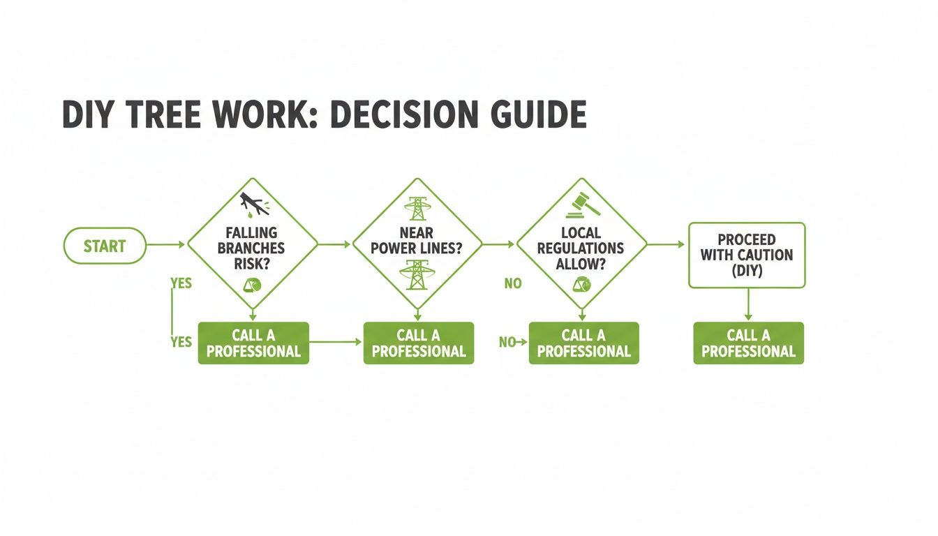 DIY tree work decision guide flowchart illustrating when to call a professional for safety.