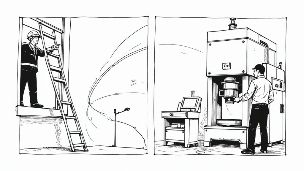 A manufacturing worker operating a large industrial machine in a a clean, well-lit factory.