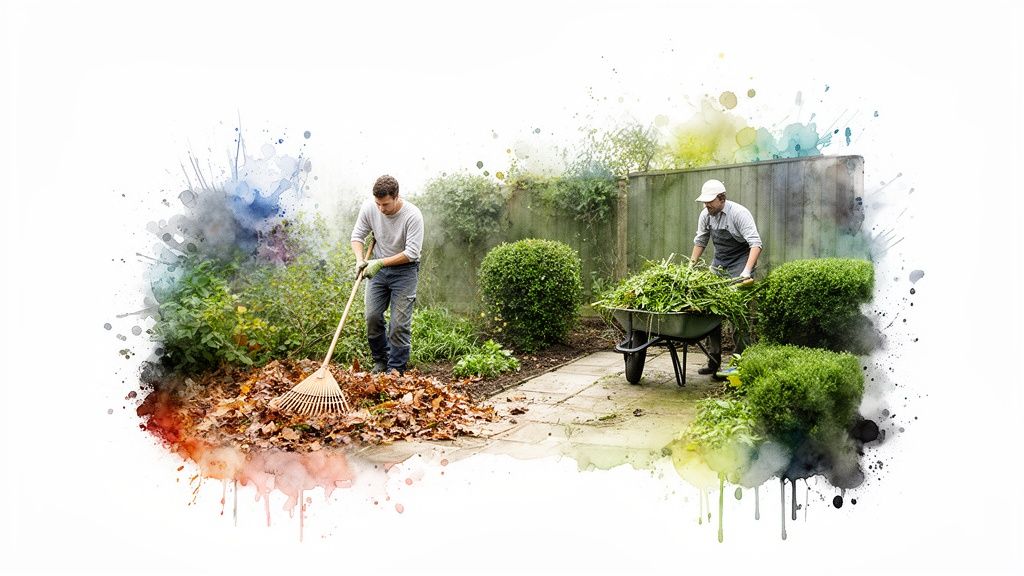 Two men are cleaning up a garden, one raking leaves, the other with a wheelbarrow.