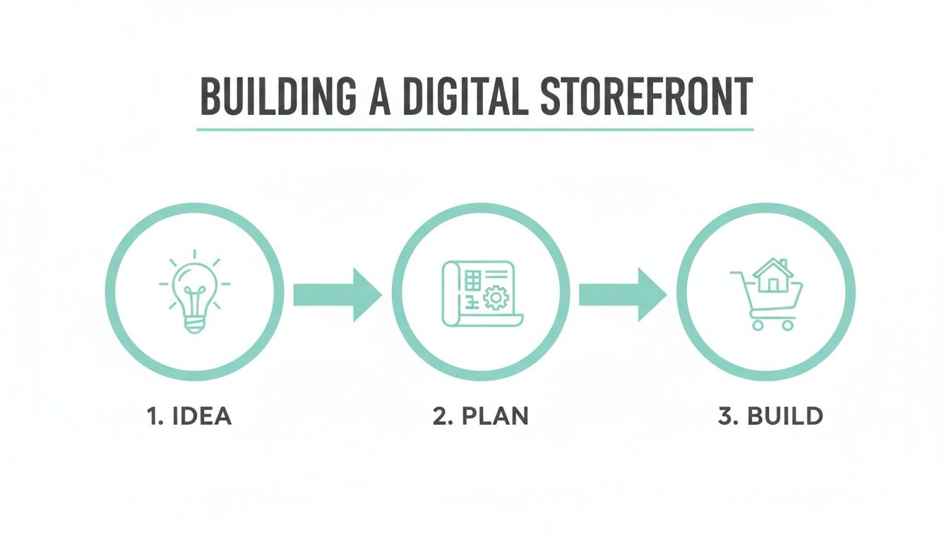 A three-step infographic outlining the process of building a digital storefront: idea, plan, and build.