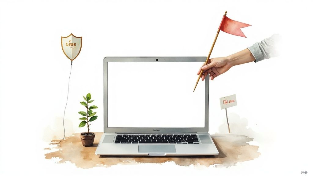 Watercolor illustration of a laptop on a desk with a hand holding a flag, symbolizing a new beginning.