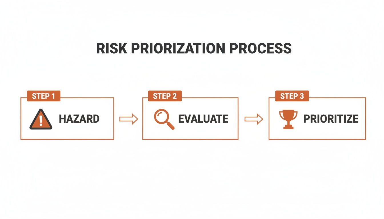 A three-step risk prioritization process flow with icons: Hazard, Evaluate, and Prioritize.