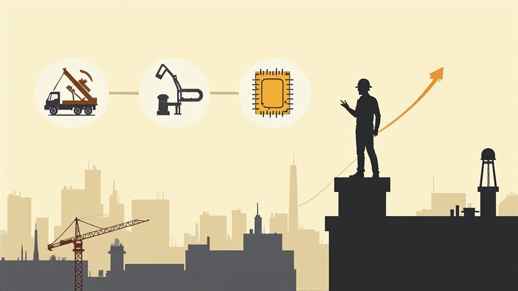 An engineer on a rooftop overlooking a city, with icons of machinery, robotics, and a microchip pointing to growth.