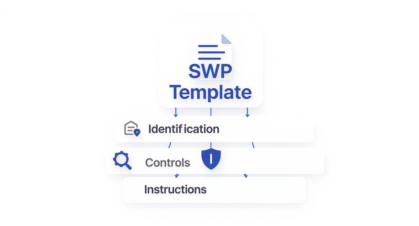 A diagram illustrating the components of an SWP Template: Identification, Controls, and Instructions.