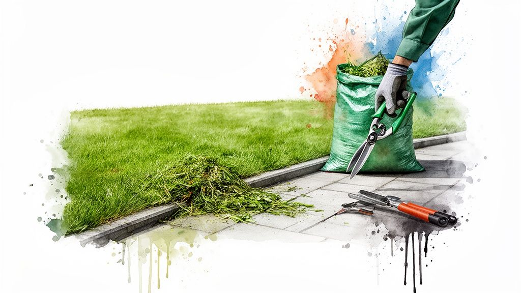 A gloved hand holds green gardening shears above a bag of grass clippings by a mown lawn.