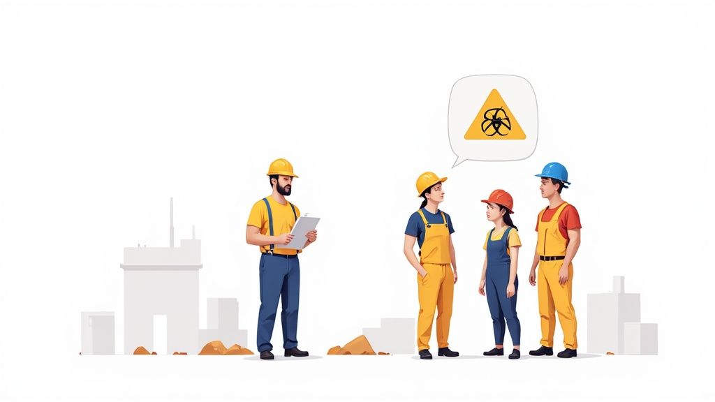 A group of construction workers in safety gear having a discussion on a worksite.