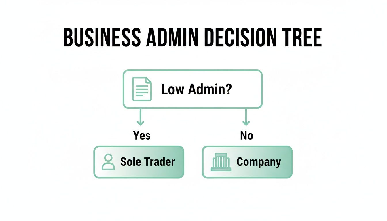 A business administration decision tree showing that low admin leads to a Sole Trader, otherwise a Company.