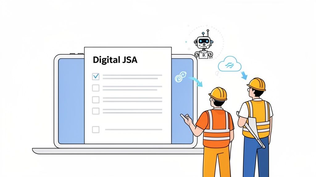 Two construction workers view a laptop with a 'Digital JSA' checklist, alongside AI robot and cloud symbols.