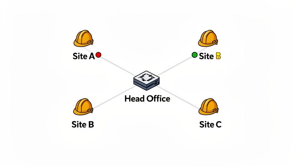 Network diagram illustrating a head office connecting to multiple contractor sites labeled A, B, and C.