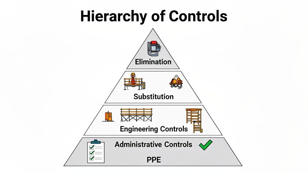 A pyramid illustrates the Hierarchy of Controls for safety, from Elimination at the top to PPE at the bottom, shown in a manufacturing context.
