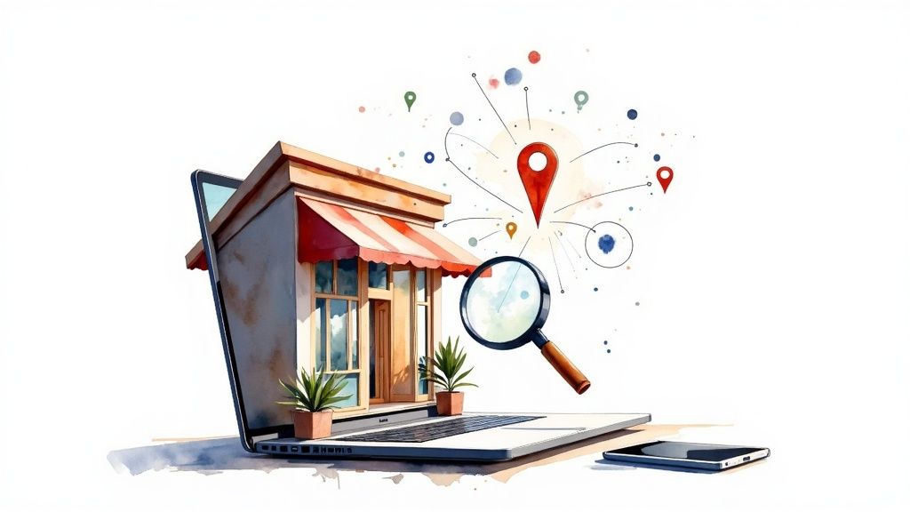 Watercolor illustration of a laptop with a storefront, magnifying glass, and numerous location pins for local search.