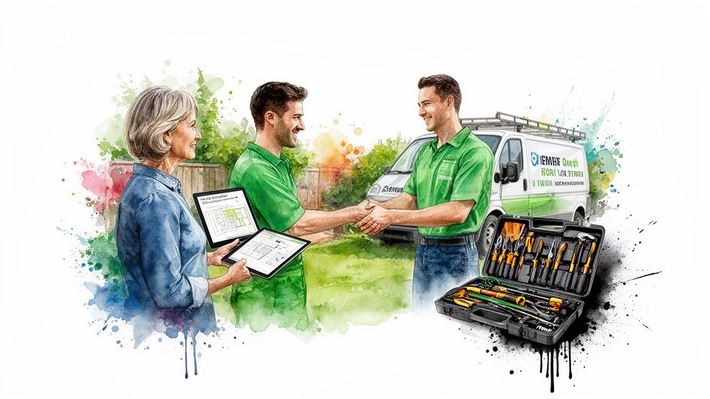 Watercolor illustration of a woman viewing plans, two service technicians shaking hands, and a toolbox.