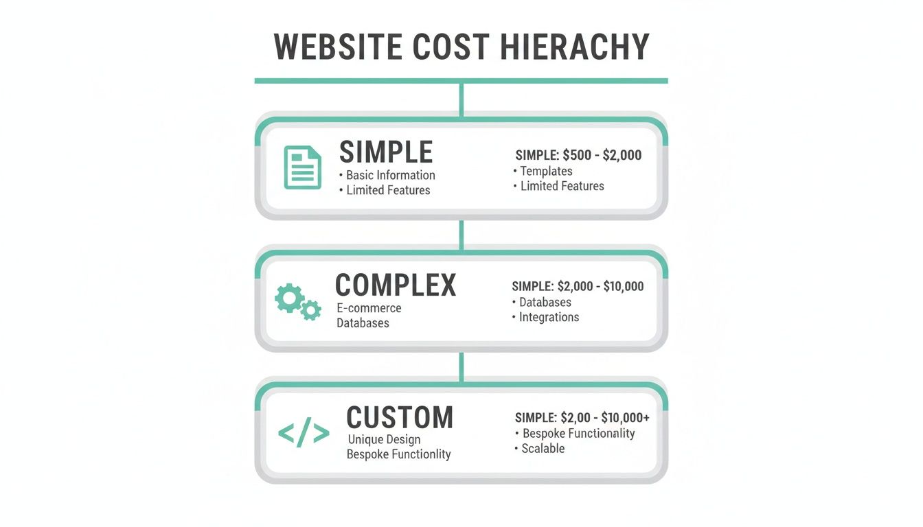 An infographic detailing website cost hierarchy, categorizing simple, complex, and custom websites with features and price ranges.