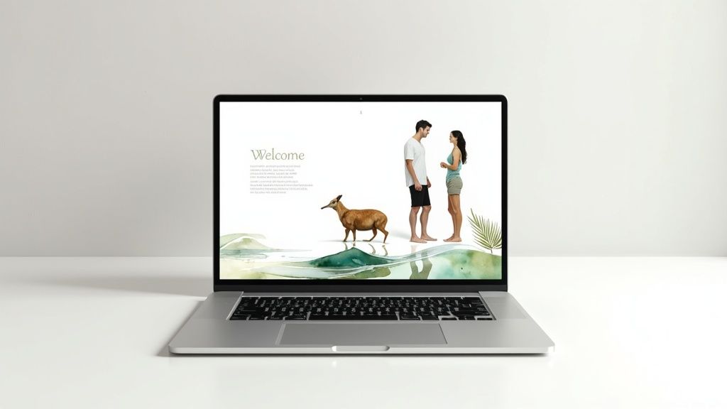 A laptop on a white desk displays a 'Welcome' website design with a couple and a small deer.