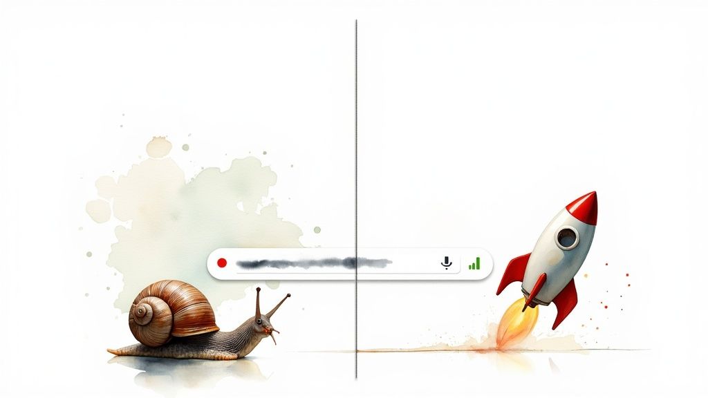 This image compares slow website hosting with a snail and fast hosting with a launching rocket.