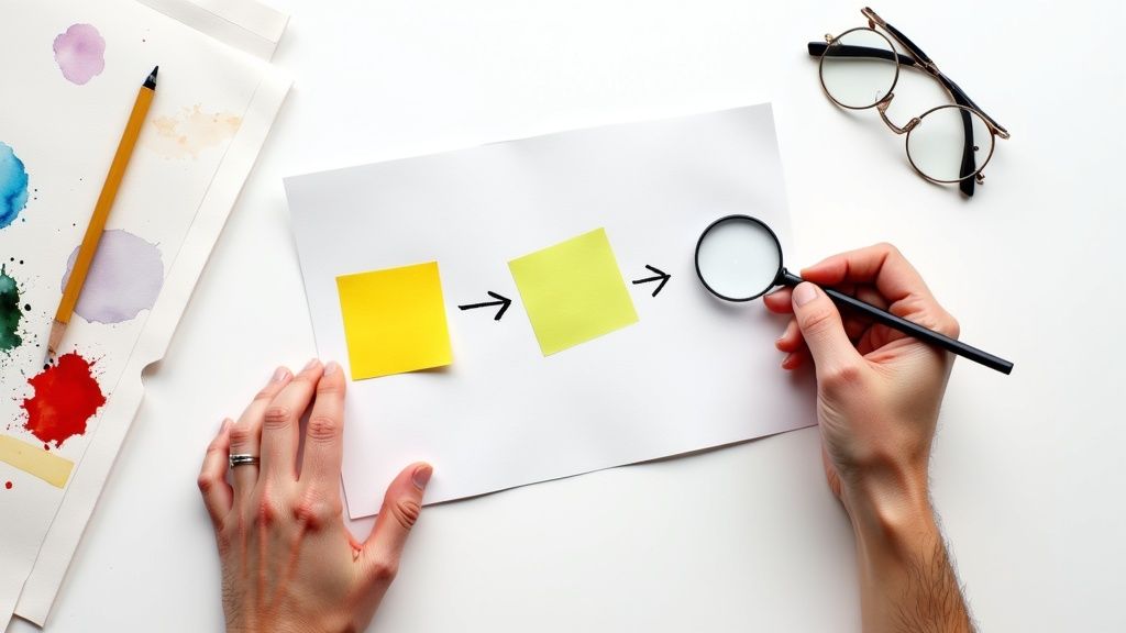 Hands analyzing a process flow with sticky notes and a magnifying glass on a white desk.