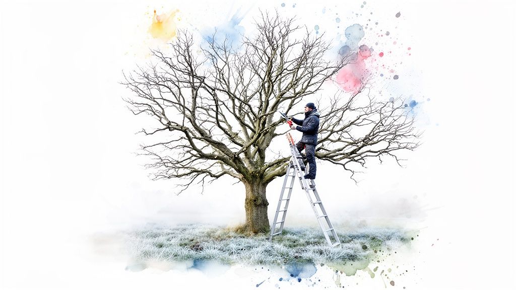 A man on a ladder prunes a large, bare tree in winter, surrounded by colorful watercolor splashes.