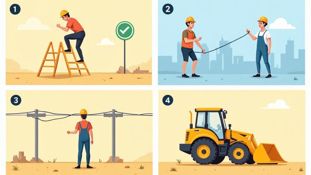 Four panels illustrating construction work safety, showing workers, ladders, cables, and heavy equipment.