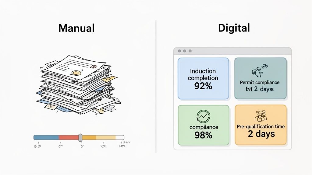 Visual comparison showing a stack of papers for manual processes versus a digital dashboard with efficiency metrics.