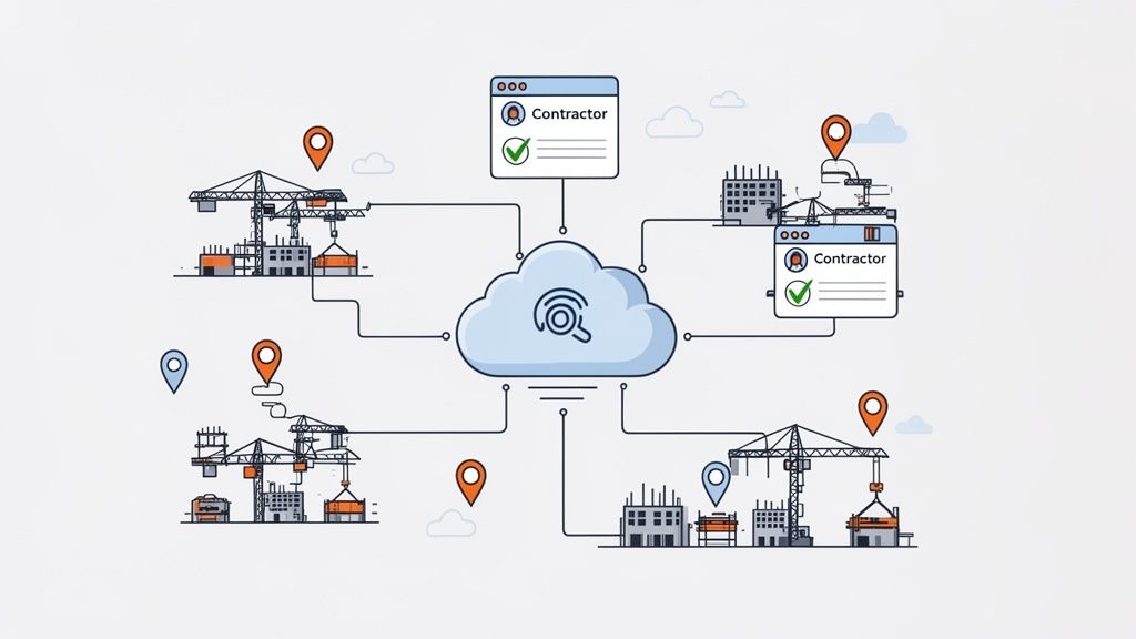 Cloud-based platform connecting multiple construction sites and contractor profiles for project management.