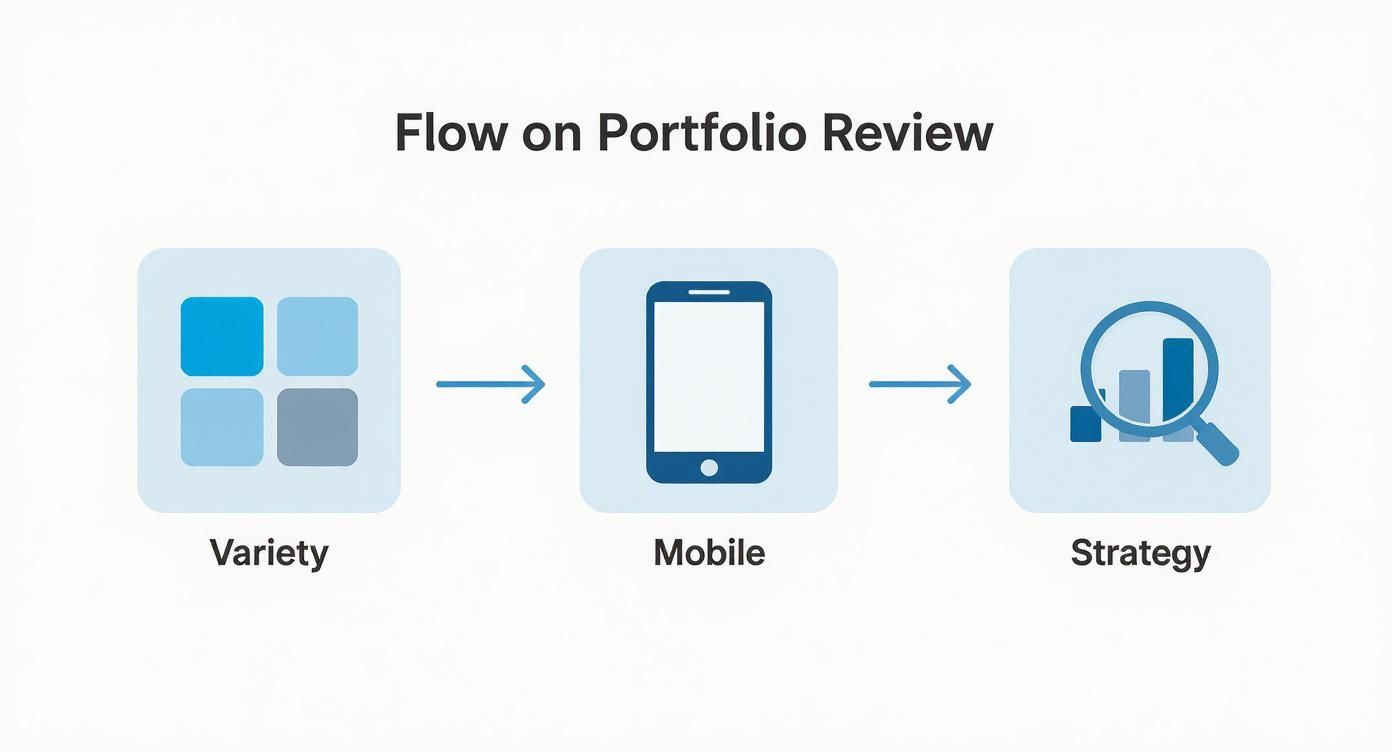 An infographic showing the process flow for a portfolio review, with icons for variety, mobile responsiveness, and strategy.