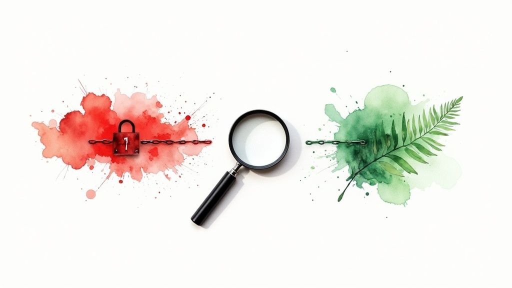 A red padlock and a green fern leaf linked by a chain, with a magnifying glass.