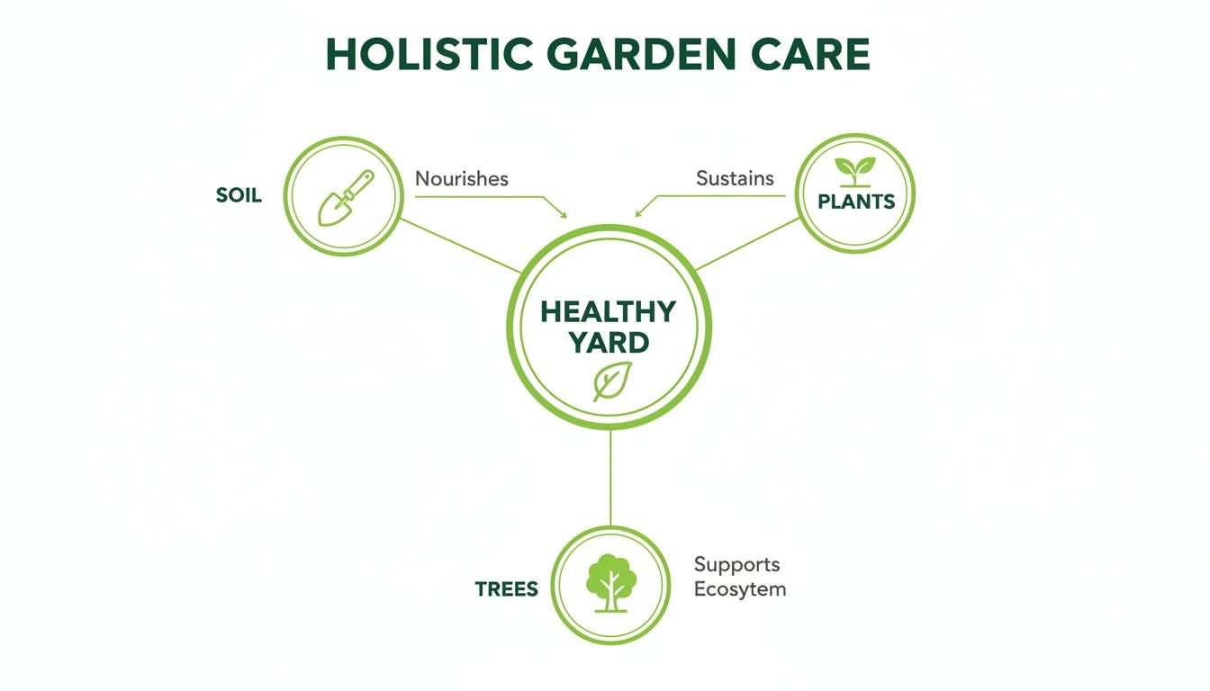 Diagram illustrating holistic garden care, showing how soil nourishes, plants are sustained, and trees support a healthy yard ecosystem.