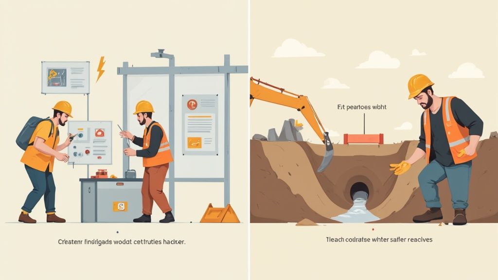 Construction workers planning safety procedures and managing excavation site with drainage pipe installation