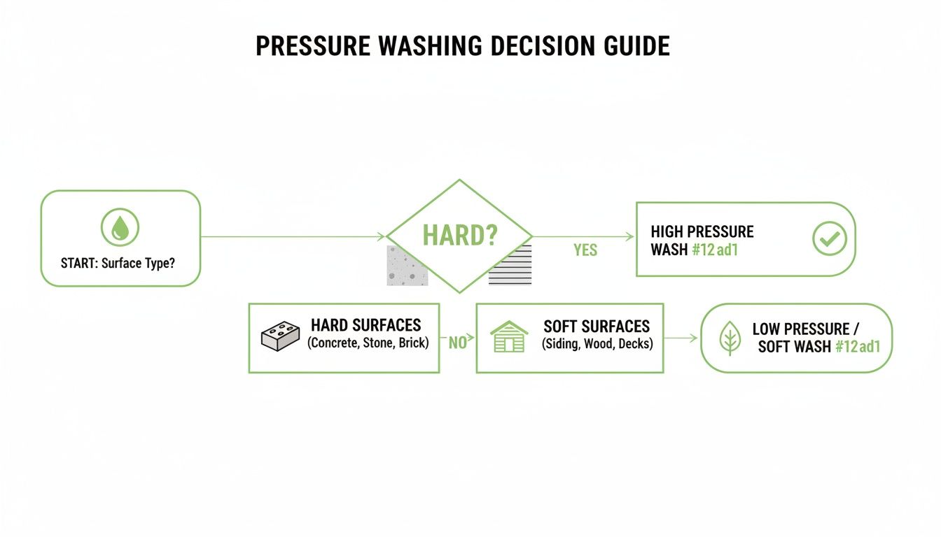 Flowchart illustrating pressure washing decisions for hard and soft surfaces like concrete, wood, and siding.