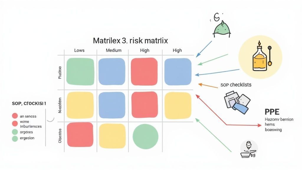 Risk matrix showing safety procedures with color-coded severity levels and PPE requirements for workplace hazards